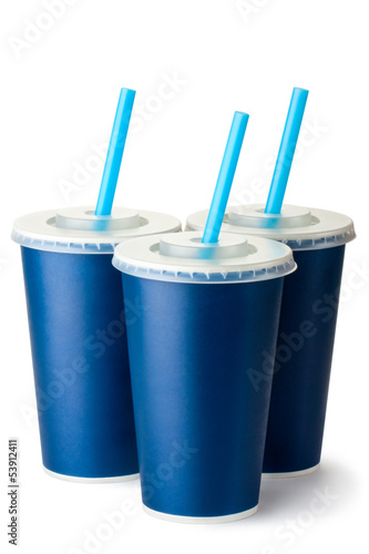 Photo: Three dark blue cardboard cups with a straws Three dark blue cardboard cups with a straws