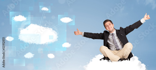 Photo: Happy man looking at modern cloud network Happy man looking at modern cloud network