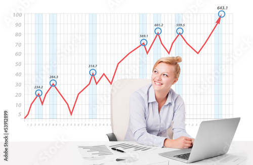Photo: Young businesswoman calculating stock market with rising graph i Young businesswoman calculating stock market with rising graph i