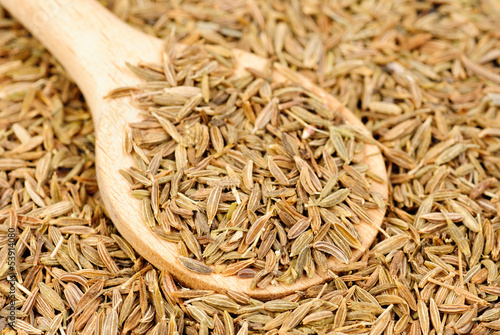 Photo: Cumin seeds macro and wooden spoon as background Cumin seeds macro and wooden spoon as background