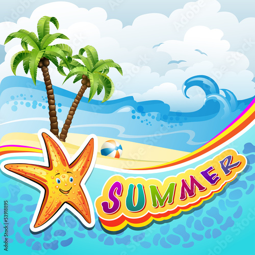Vector: Summer beach with palm trees and starfish Summer beach with palm trees and starfish