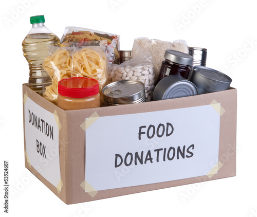 Photo: Food donations box isolated on white background Food donations box isolated on white background