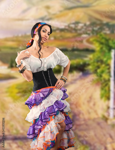 Photo: Portrait of Gypsy girl with Andalusian landscape Portrait of Gypsy girl with Andalusian landscape