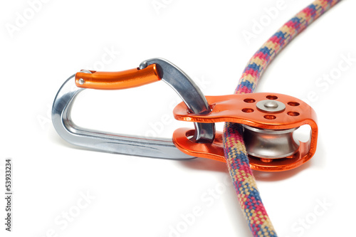 Photo: Carabiner with pulley on the rope Carabiner with pulley on the rope