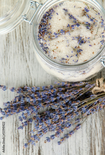 Photo: Jar of lavender sugar and fresh lavender flowers Jar of lavender sugar and fresh lavender flowers