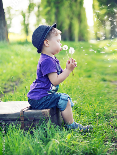 Photo: Small gentleman blowing the dandelions Small gentleman blowing the dandelions
