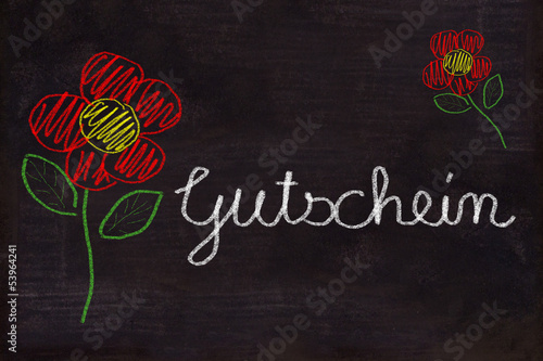Photo: Schultafel mit Zeichnung, Blumen und Text, Gutschein Schultafel mit Zeichnung, Blumen und Text, Gutschein