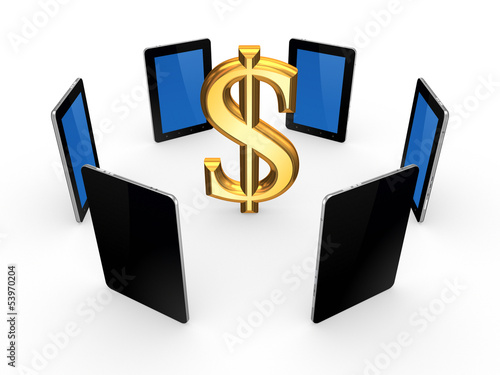 Illustration: Tablet PCs around sign of dollar. Tablet PCs around sign of dollar.