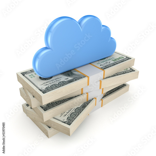 Illustration: Cloud on a stack of dollars. Cloud on a stack of dollars.
