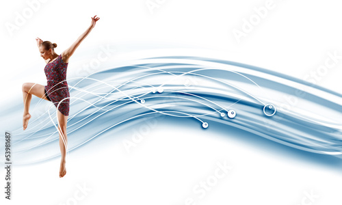 Photo: Girl in color dress dancing.Collage Girl in color dress dancing.Collage