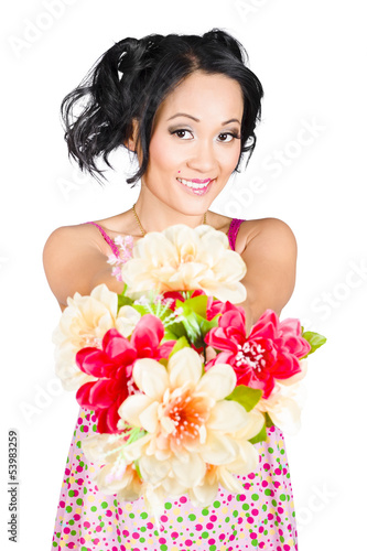 Photo: Woman with flower arrangement. Valentine's day gift Woman with flower arrangement. Valentine's day gift