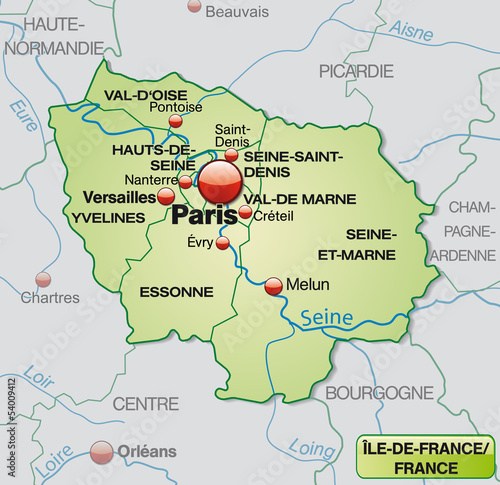 Illustration: Karte von Île-de-France mit Departements und Umland Karte von Île-de-France mit Departements und Umland