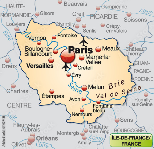 Illustration: Umgebungsarte der Region Île-de-France in Frankreich Umgebungsarte der Region Île-de-France in Frankreich