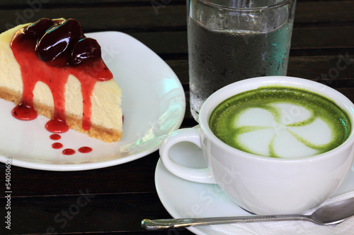 Photo: Strawberry cheese cake and Latte greentea with cold water Strawberry cheese cake and Latte greentea with cold water