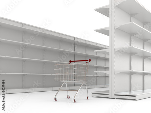 Illustration: An empty shopping trolley cart and shop shelves An empty shopping trolley cart and shop shelves