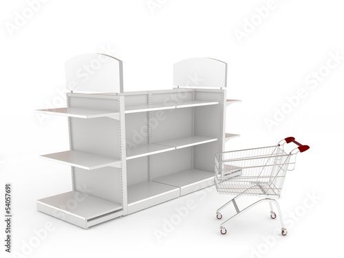 Illustration: An empty shopping trolley cart and shop shelves An empty shopping trolley cart and shop shelves