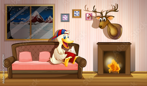 Vector: A duck reading a book beside a fireplace A duck reading a book beside a fireplace