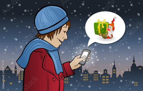 Vector: Maria erhält ein Weihnachtsgeschenk auf ihrem Smartphone Maria erhält ein Weihnachtsgeschenk auf ihrem Smartphone