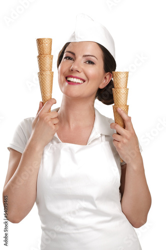 Photo: pretty smiling young woman ice cream vendor pretty smiling young woman ice cream vendor