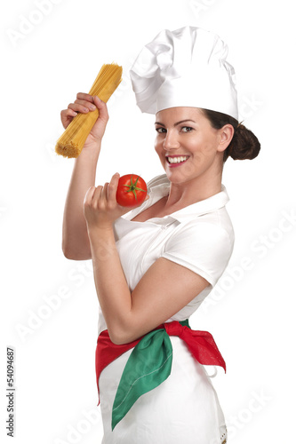 Photo: young woman chef showing ingredients for italian food young woman chef showing ingredients for italian food