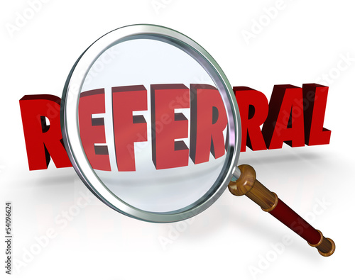 Illustration: Referral Word Magnifying Glass Get Reference Recommendation Referral Word Magnifying Glass Get Reference Recommendation