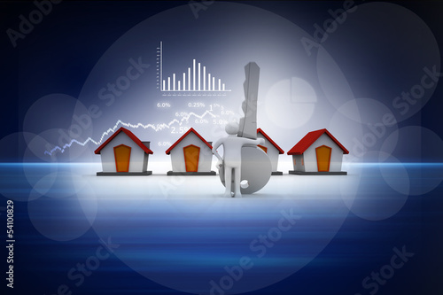 Illustration: Businessman with a big key in his hand next to a houses Businessman with a big key in his hand next to a houses
