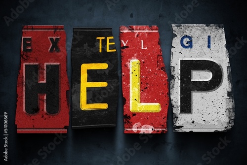 Illustration: Help word on vintage car license plates, concept sign Help word on vintage car license plates, concept sign