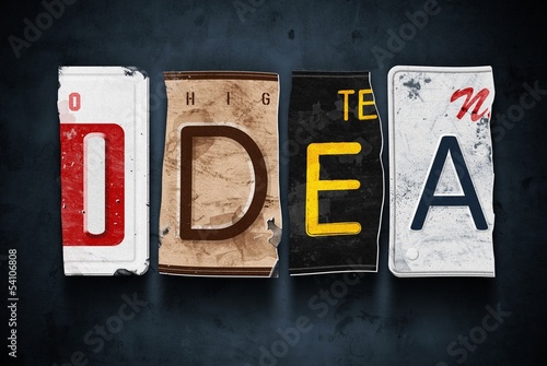 Illustration: Idea word on vintage car license plates, concept sign Idea word on vintage car license plates, concept sign