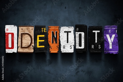 Illustration: Identity word on vintage car license plates, concept sign Identity word on vintage car license plates, concept sign