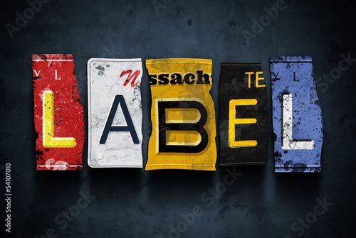 Illustration: Label word on vintage car license plates, concept sign Label word on vintage car license plates, concept sign