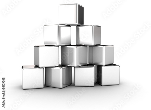 Illustration: Stacked silver cubes pyramid shape Stacked silver cubes pyramid shape