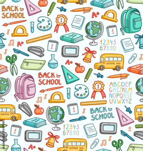 Vector: Seamless pattern with set of different school things in color Seamless pattern with set of different school things in color