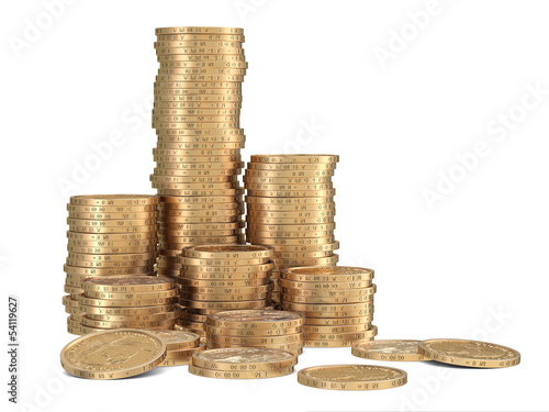 Illustration: Stacks of golden dollar coins on white background Stacks of golden dollar coins on white background