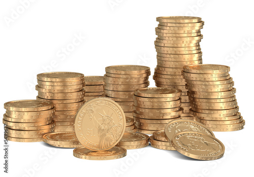 Illustration: Stacks of golden dollar coins on white Stacks of golden dollar coins on white