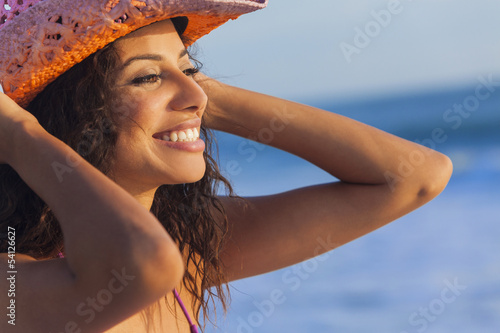 Photo: Smiling Woman Girl Bikini Cowboy Hat At Beach Smiling Woman Girl Bikini Cowboy Hat At Beach