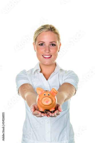 Photo: Frau mit Sparschwein spart Geld Frau mit Sparschwein spart Geld