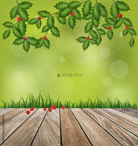 Vector: Natural background. Fresh spring green grass and wood floor. Vec Natural background. Fresh spring green grass and wood floor. Vec
