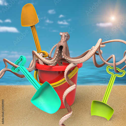 Illustration: Pulpo con paletas dentro cubo de playa Pulpo con paletas dentro cubo de playa