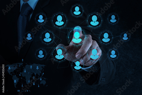 Photo: businessman hand points human resources, CRM and social media businessman hand points human resources, CRM and social media
