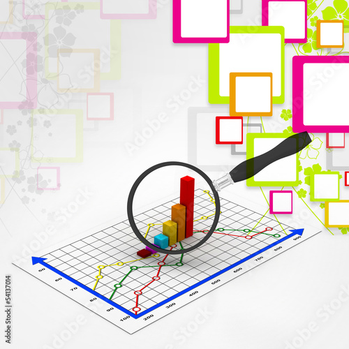 Illustration: Financial graph and magnifying glass. Financial graph and magnifying glass.