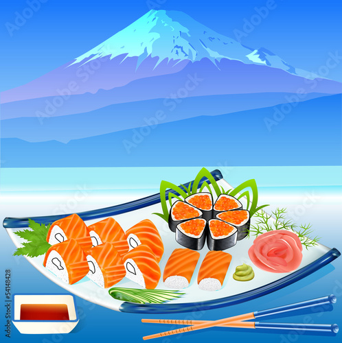 Illustration: of sushi rolls with greenery on the background of Fujiyama of sushi rolls with greenery on the background of Fujiyama