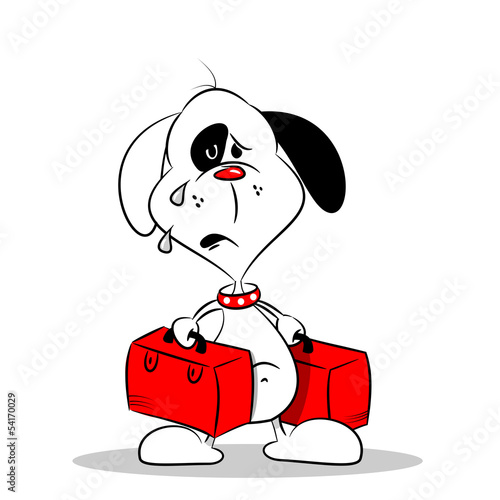 Vector: A sad homesick cartoon dog crying tears and carrying suitcases A sad homesick cartoon dog crying tears and carrying suitcases