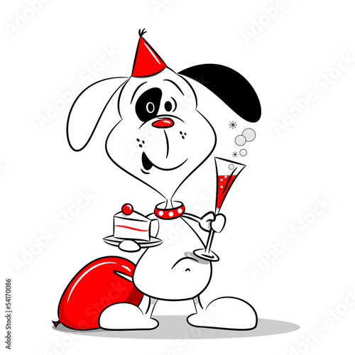Vector: A cartoon dog at a birthday party with cake and drink A cartoon dog at a birthday party with cake and drink