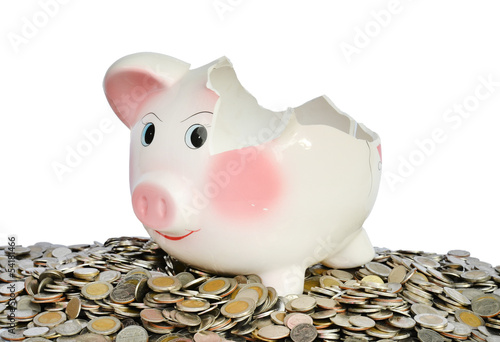 Photo: Pink piggy bank broken with money Pink piggy bank broken with money