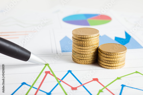 Photo: Coins on a financial chart Coins on a financial chart