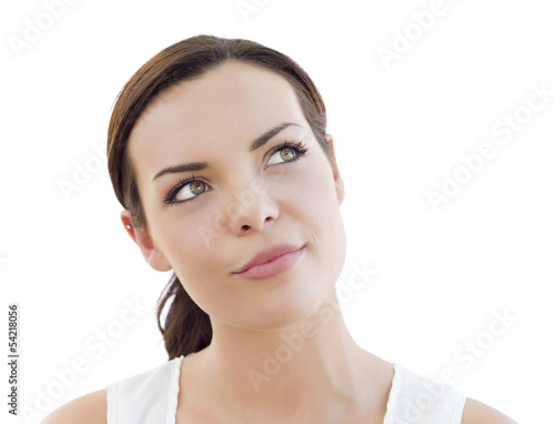 Photo: Pensive Young Adult Woman Looking Up on White Pensive Young Adult Woman Looking Up on White