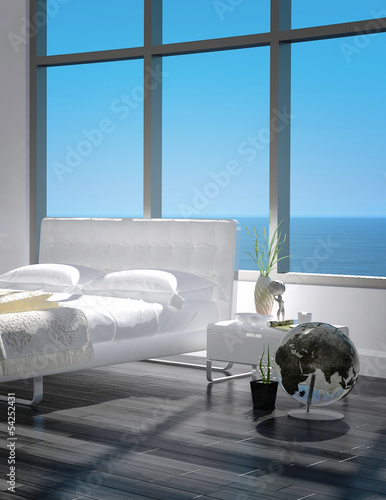 Photo: 3d rendering of modern white bedroom interior with seascape view 3d rendering of modern white bedroom interior with seascape view