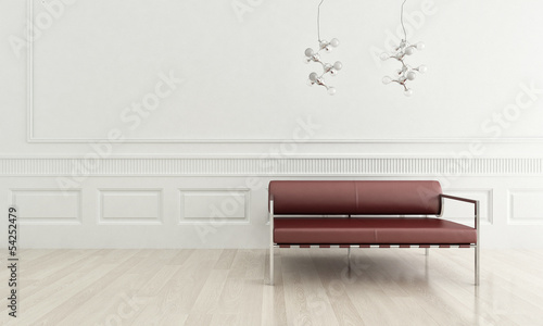 Illustration: 3d rendering of modern red couch in a white living room interior 3d rendering of modern red couch in a white living room interior