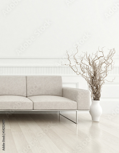 Illustration: 3d rendering of modern beige couch in a white living room interi 3d rendering of modern beige couch in a white living room interi
