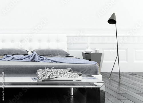 Illustration: Luxurious white bedroom interior with double bed Luxurious white bedroom interior with double bed